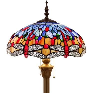 Imagem de WERFACTORY Tiffany Abajur De Chão Libélula Azul Marrom Vitral Luz De Leitura De Pé 16X16X64 Polegadas Luminária De Canto De Poste Antigo Decoração Quarto Sala De Estar Escritório Em Casa Série S688
