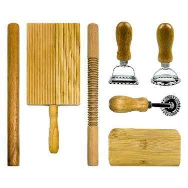 Imagem de DZHPSRSZ Kit de 7 ferramentas para fazer massas, rolo roscado de madeira, rolo de massa, placa de nhoque, cortador de macarrão, 3 cortadores de carimbos de ravióli para fazer massas, presente de