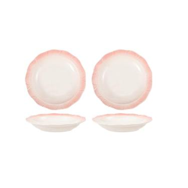 Imagem de Conjunto de tigela e prato de cerâmica simples e personalizado, tigela de arroz de cerâmica rosa doméstica prato de sopa de macarrão - prato redondo de renda de 20 cm - renda rosa de mudança gradual -