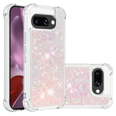 Imagem de Asdsinfor Capa para Google Pixel 9A, Glitter Liquid Cute Clear Flowing Quicksand TPU com cinto antiqueda, proteção à prova de choque compatível com Google Pixel 9A Silver Pink Star LSYB