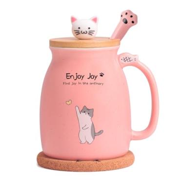 Imagem de Feify Caneca de café de cerâmica de gato fofo com tampa de madeira de gato kawaii, linda colher de aço inoxidável, porta-copos de madeira espessa anime gatinho, caneca japonesa de aniversário de Natal