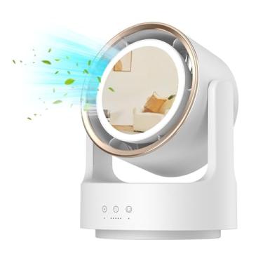 Imagem de Ventilador de mesa de LED, ventilador de mesa portátil recarregável com espelho de maquiagem, ventilador pessoal pequeno ajustável de 5 velocidades 90° vertical manual e ventilador oscilante de 135°,