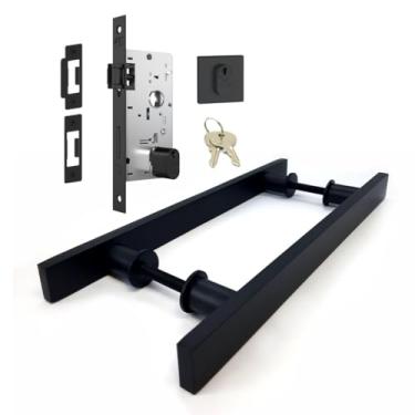 Imagem de Kit Puxador Porta Entrada Madeira Preto Fosco 1 Metro Duplo + Fechadura Stam Residencial Rolete Pivotante Roseta Quadrada