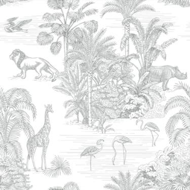 Imagem de VEELIKE Papel de parede tropical desenhado à mão Papel de parede de floresta animal para quarto de crianças 43 cm x 38 cm papel de parede cinza higiênico papel de parede removível autoadesivo selva