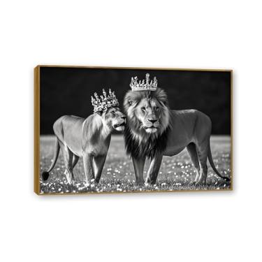 Imagem de SDYJ6GSW Arte de parede em tela de leão e leoa preto e branco rei e rainha coroa de leão decoração de parede fotos de casal pôsteres 30 x 20 cm (12 x 8 pol) moldura teca
