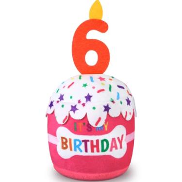 Imagem de Dansydaisy Acessórios de brinquedo de bolo de 6º aniversário para meninas e meninos, brinquedo de pelúcia rosa para decoração de festa de aniversário para cães grandes, médios e pequenos