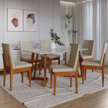 Imagem de Conjunto Mesa Com Vidro Pés Madeira Maciça 6 Cadeiras Madeira