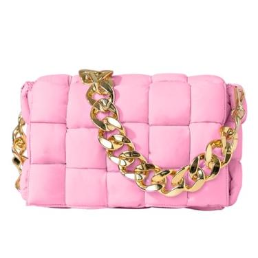 Imagem de NAARIIAN Bolsa tiracolo feminina acolchoada com cassete, bolsas de ombro modernas, carteiro, Corrente rosa, Medium