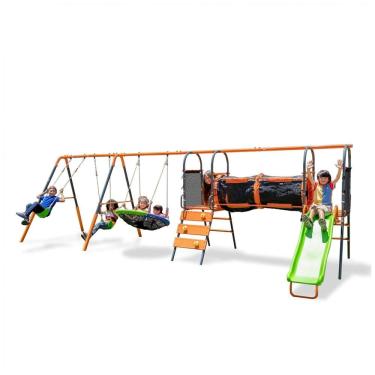 Imagem de Balanço Jungle Warrior Anaconda Metal Swing Set com Balanço Redondo 114 cm, 2 Balanços de Tecido, Parede de Escalada e Escorregador de 1,5