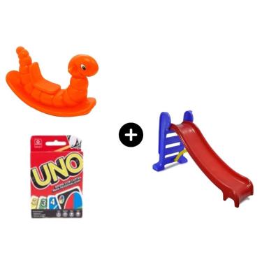 Imagem de Escorregador medio Vermelho c/ azul seguro + Nhoca Laranja + uno - para o entretenimento e diversão da criança infantil toy kids Legal familia amigos