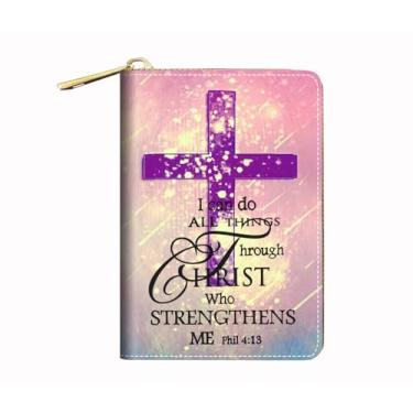 Imagem de BWOOLL Carteira feminina com porta-cartão de crédito RFID, capa de couro com zíper, flamingo, Cruz Cristã Versículo da Bíblia Phil 4:13, Moda