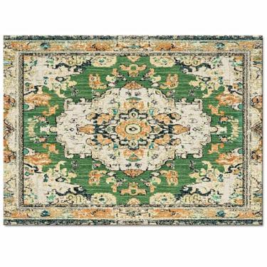 Imagem de Tapetes retangulares de padrão boêmio para sala de estar, quarto, 0,9 x 1,5 m, verde e laranja, abstrato, não derrama, macio, tapete lavável antiderrapante para berçário, entrada e sala de jogos