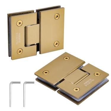 Imagem de Pacote com 2 dobradiças de porta de chuveiro de vidro dourado 180 graus, vidro sem moldura para dobradiças de porta de chuveiro, aço inoxidável 304 braçadeiras de porta de chuveiro de níquel escovado