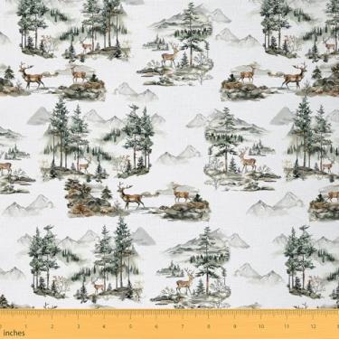 Imagem de Erosebridal Tecido de cervo Sika por jarda, tecido de estofamento de veado da selva, tecido decorativo aquarela montanha pinheiro para crianças, meninos, meninas, tema da natureza, interior e