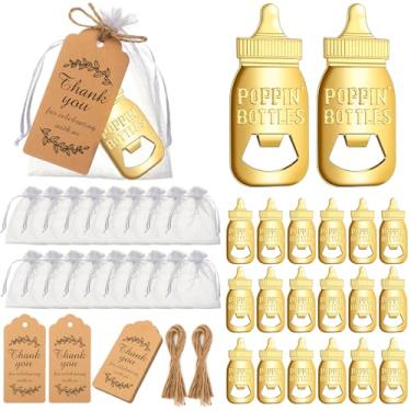 Imagem de 60 abridores de garrafas, lembrancinhas de festa de chá de bebê para convidados, enfeites de abridor de garrafa fofos e lembranças com sacos de organza e etiquetas de agradecimento para revelação de