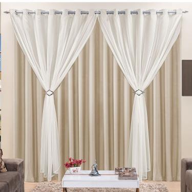 Imagem de Cortina Jéssica 3 Metros Bege Tecido Microfibra Com Voal Clássica Cromada