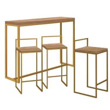 Imagem de Kit 3 Banquetas Lyno + 1 Mesa Bancada Aparador Mavye 150cm Ferro Dourado Castanho - Amey Decor