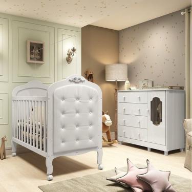 Imagem de Quarto De Bebê Com Cômoda 1 Porta Com Janela E Berço Com Capitonê Maya Provençal 100% Mdf Branco Brilho/corino