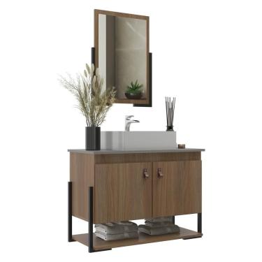 Imagem de Gabinete Banheiro 60cm 2 Portas Com Cuba E Espelheira Multimóveis Cr10106 Noce/cimento Noce/cimento