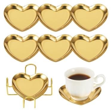 Imagem de 6 peças de porta-copos dourados com suporte tapete de copo de metal antiderrapante porta-copos de coração para bebidas de casamento, mesa de café, caneca de vidro, hotel, bar, xícara de chá