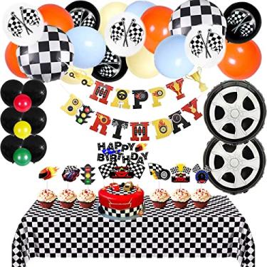 Imagem de iUgeeo Decorações De Aniversário Carros Corrida Para Crianças, Meninos E Meninas, Balões Festa Com Tema Corrida, Guirlanda Banner, Topos Cupcake, Toalha Mesa, Bandeira Quadriculada, Suprimentos, Cen