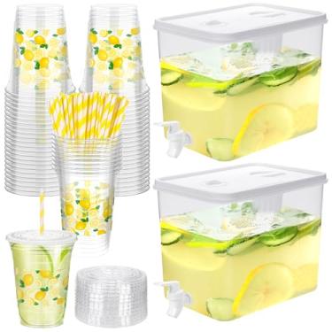Imagem de Kochorie Pacote Com 2 Dispensadores De Bebidas Plástico 2,3 Galões Torneira, 50 Copos Descartáveis 12 Oz Tampa Limão, Canudo Para Em Barracas Limonada, Suprimentos Festas Frutas, Chás E Sucos