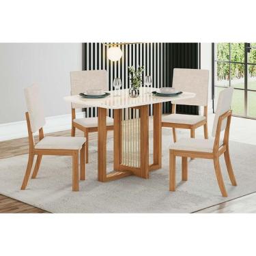 Imagem de Conjunto: Mesa Sala Jantar Natalí c/ Tampo Madeirado c/ Vidro Curvo 120x80cm e 4 Cadeiras Milla Nature/Suede Light Linho - Henn