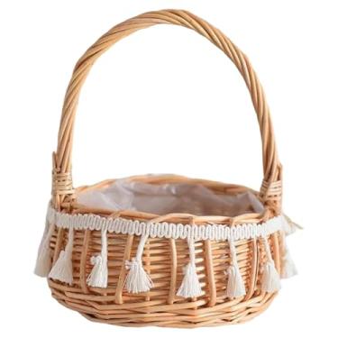 Imagem de Cesta de daminha de flor elegante cesta de vime portátil com alça e borla, caixas de doces de tecido