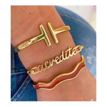 Imagem de Bracelete Pulseirsa Feminino Masculino Folheado Ouro 18K Manuscrito Fr