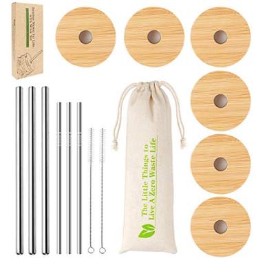 Imagem de CNVOILA Tampas de bambu para vidro de lata de cerveja, tampas de pote de vidro de boca regular, tampas de pote de pedreiro com orifício de palha, 3 palhinhas boba de aço inoxidável e 3 canudos finos