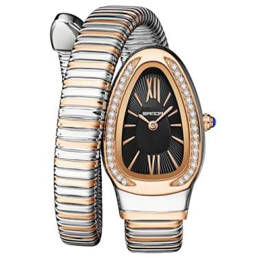 Imagem de Gosasa Relógio feminino elegante em forma de cobra, design exclusivo, bobina de cobra, vestido elegante, pulseira de diamante, relógio de pulso feminino de quartzo com mostrador de algarismos romanos