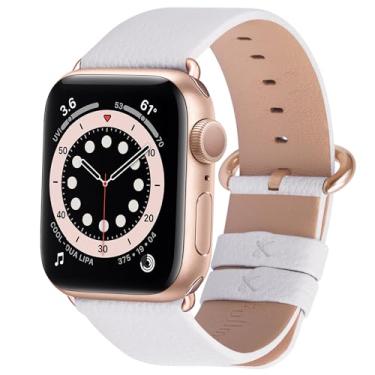 Imagem de Fullmosa Pulseiras de couro compatível com Apple Watch séries 10/9/8/7/6/5/4/3/2/1/SE2/SE, branca/ouro rosa de 41 mm, 40 mm, 38 mm e 42 mm