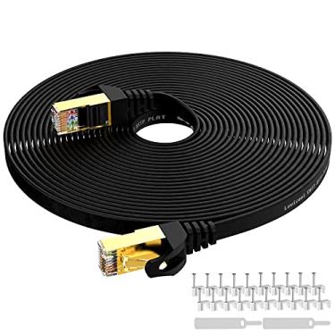 Imagem de Lovicool Cabo Ethernet Cat 7 1,5 m, preto, cabos de rede plana de Internet de alta velocidade até 10 Gbps Ethernet fio de rede SSTP RJ45 cabeça banhada a ouro para switch/roteador/modem/painel de
