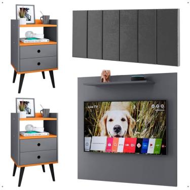 Imagem de Kit 2 Mesinhas Lateral Cinza/Cinamomo Painel Tv 32 Polegadas Prateleira Suspensa Cabeceira Cama Box Casal 1,40 Suede - Lojas RPM