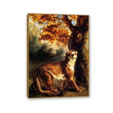 Imagem de Impressão de reprodução de pinturas famosas em tela, leoa perseguindo sua presa, pôster vintage para decoração de sala de estar, coleção de arte clássica, moldura teca de 70 x 50 cm (28 x 20 pol)