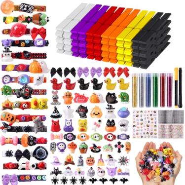 Imagem de JOICEE Conjunto de 60 prendedores de roupa DIY de Halloween, 60 alfinetes de roupas de madeira coloridos, 115 mini figuras de resina, ornamentos de arcos e adesivos, canetas 300 contas para doces ou