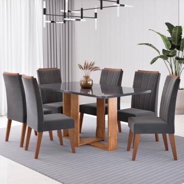 Imagem de Conjunto Sala de Jantar Mesa Berlim com Tampo de Vidro e 6 Cadeiras Safira Viero - Mel/Grafite/Veludo Grafite
