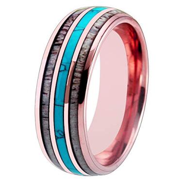 Imagem de Anéis de tungstênio com chifres de verdade turquesa embutidos, alianças de casamento de caça - Anel personalizado grátis, Metal, chifre real e turquesa