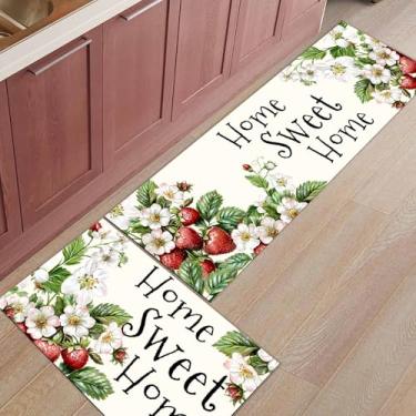 Imagem de Aiesther Tapetes de cozinha de morango para o chão, 2 peças, vintage, campo, frutas, morangos, tapetes de baixo perfil, absorventes e laváveis para uso interno, 41 x 61 cm + 41 x 122 cm