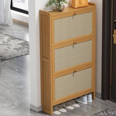 Imagem de Armário De Armazenamento De Sapatos De 2/3 Gavetas, Armário De Armazenamento De Bambu Estreito Organizador De Calçados Autônomo Com Portas Flip Rack Para Corredores E Sala De Esta, 68×17×121cm