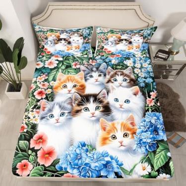 Imagem de Erosebridal Jogo de lençol solteiro solteiro para crianças, meninas, adolescentes, azul, floral, verde, casa, jardim, animais de estimação, rústica, 1 fronha, 1 lençol com elástico