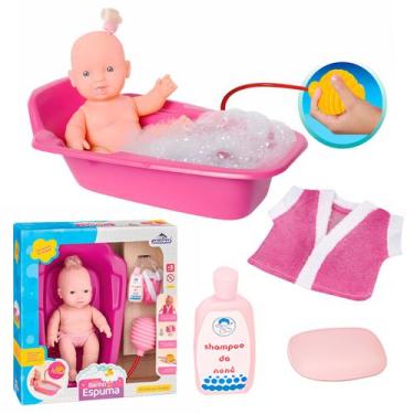 Imagem de Boneca Bebê Mini Banho De Banheira Com Espuma Com Kit infantil Higiêni