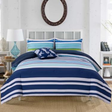 Imagem de Holawakaka Conjunto de cama solteiro listrado de praia, azul marinho, listrado para todas as estações, conjunto de cama geométrico, náutico em uma bolsa com edredom, lençóis e fronhas