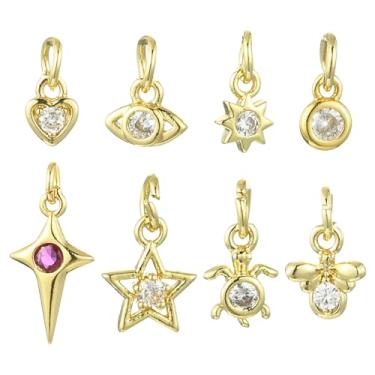 Imagem de UR URLIFEHALL 16 peças, 8 estilos, pingentes de zircônia cúbica, coração dourado, estrela, mau-olhado, para brincos faça você mesmo, colar, joias, artesanato, suprimentos
