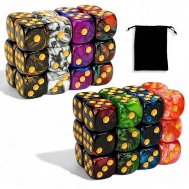 Imagem de Luck Lab 48 Pack of 16mm Marble Swirl D6 6 Sided Dice Set with Round Corners - Board Game Dice for MTG DND Tenzi Farkle Yahtzee Bunco or Learning Math (Gold Pip Multicolor Swirl)