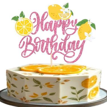 Imagem de Rsstarxi 1 pacote de topo de bolo de limão feliz aniversário glitter limão decorações de festa de aniversário picaretas de bolo de frutas suculentas para chá de bebê, decoração de bolo de limonada