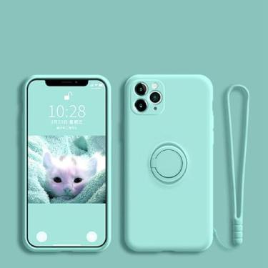Imagem de Capa original de silicone líquido com suporte de anel para iPhone 15, 14, 13, 12, 11 Pro Max, Mini Xs, Xr, 7, 8 Plus, SE, suporte magnético e alça (para iPhone 15/ciano)