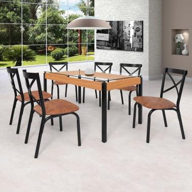 Imagem de Conjunto Sala de Jantar Mesa 140cm X 77cm Tampo Vidro com 6 Cadeiras Karina Preto fosco / Caramelo