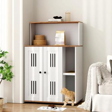 Imagem de Rovibek Caixa de areia para gatos para 2 gatos, móveis escondidos com armazenamento, armário de areia para gatos, caixa de areia dupla com tapete para arranhões, cabe na maioria das caixas de areia,