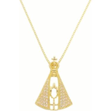 Imagem de Colar Nossa Senhora Aparecida Semi Joia Banhado Ouro 18k - Pingente Religioso com Zircônias - Corrente 45cm - Antialérgico - Presente Católico - Stella